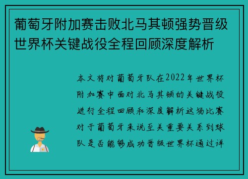 葡萄牙附加赛击败北马其顿强势晋级世界杯关键战役全程回顾深度解析 葡萄牙附加赛击败北马其顿强势晋级世界杯关键战役全程回顾深度解析